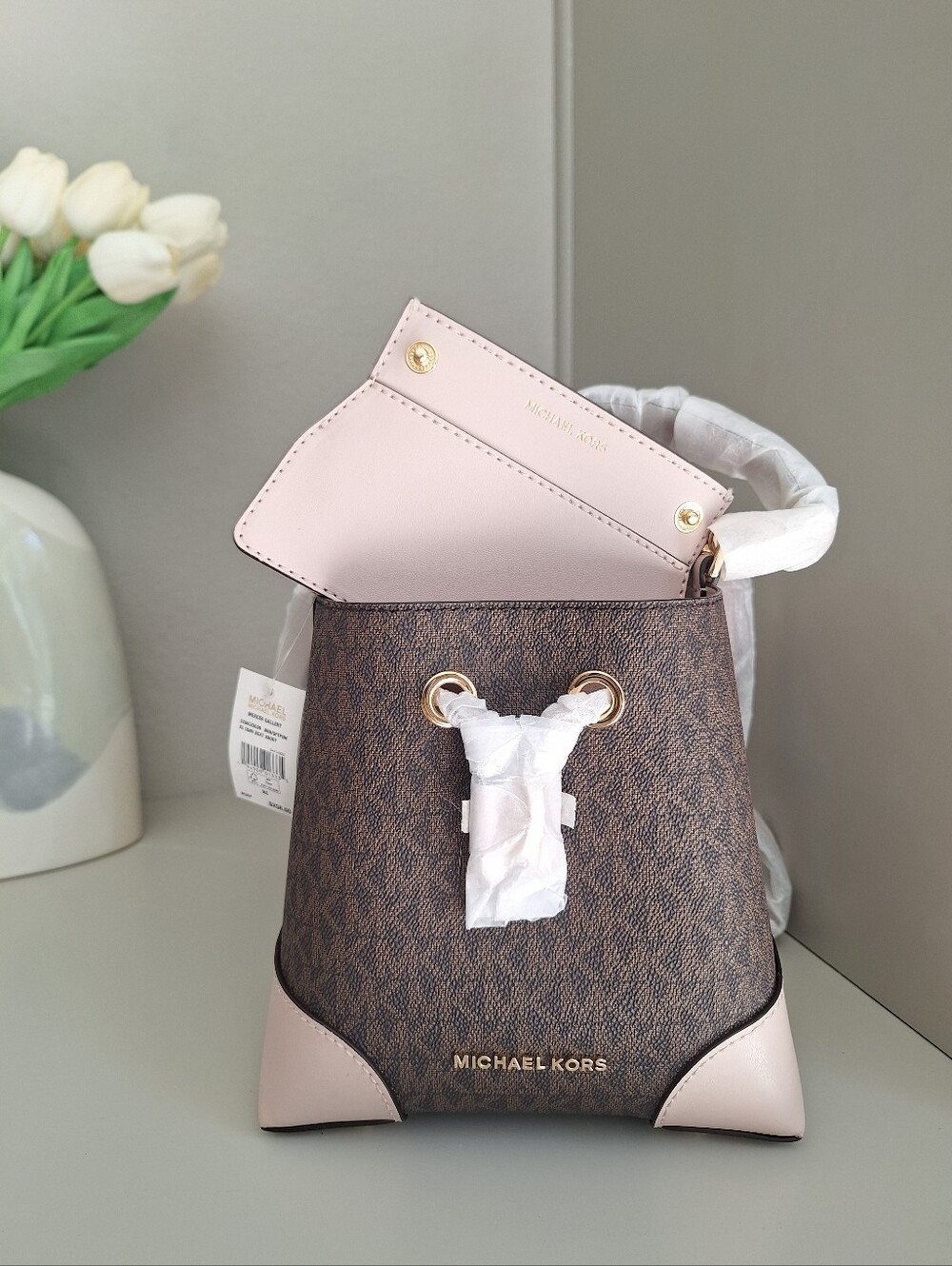 NWT MICHAEL KORS MERCER GALLERY XS LOGO CONVERTIBLE BUCKET CROSSBODY BAG PINK